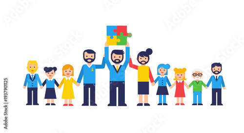 Diverse group of people celebrating together, holding puzzle pieces high in a joyful gathering