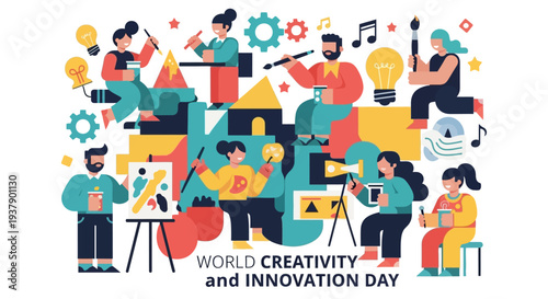 Vibrant illustration of diverse people celebrating World Creativity and Innovation Day with colorful graphics and musical elements