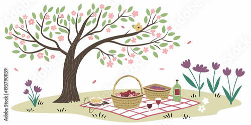 A serene picnic scene under a blooming cherry blossom tree with a basket of food. Vector