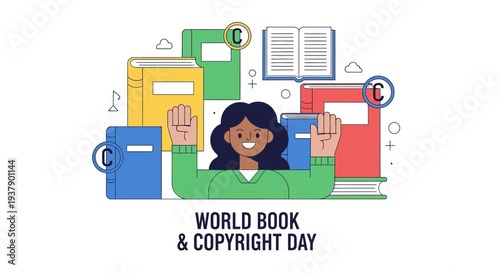 Woman surrounded by colorful books and symbols celebrating World Book and Copyright Day in a vibrant illustration