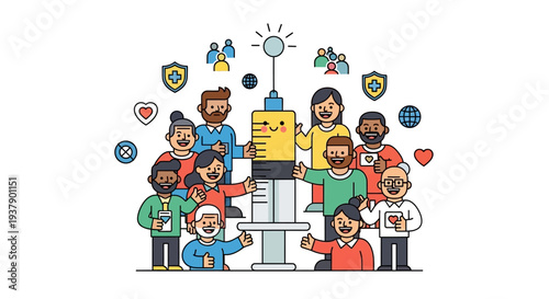 Diverse group of people gathered around a large robotic arm with various icons floating above them in a celebratory atmosphere