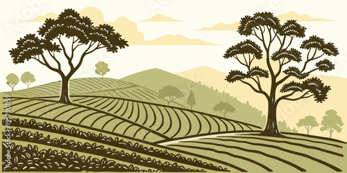 A serene landscape with rolling hills and scattered trees in the countryside Vector