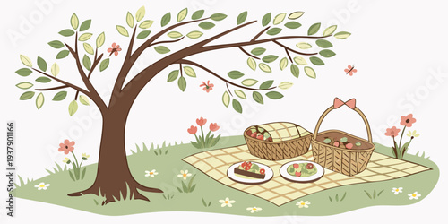 A serene scene of a dog resting under the shade of a tree on a sunny day Vector