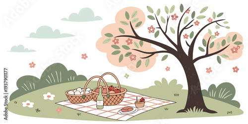 A peaceful scene of a family having a picnic under a large tree in a park Vector