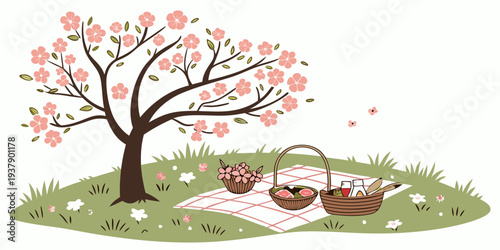 A serene scene of a rabbit resting under a blooming cherry blossom tree Vector