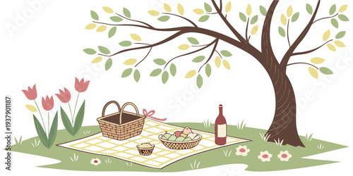 A cozy scene of a cat napping under a tree surrounded by blooming flowers. Vector