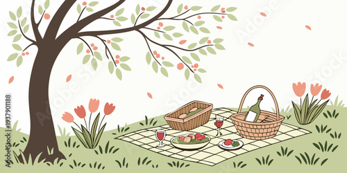 A serene landscape with a tree, flowers, and a small animal resting under its shade Vector