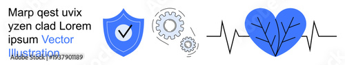 Data protection, cybersecurity, health monitoring, medical services, system optimization, and innovation. Shield with checkmark, gears heartbeat line with heart. Cybersecurity and health monitoring
