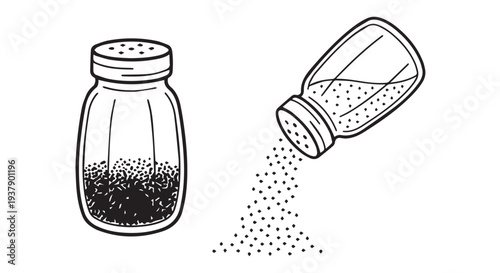 Simple line drawn illustration of salt shaker pouring seasoning