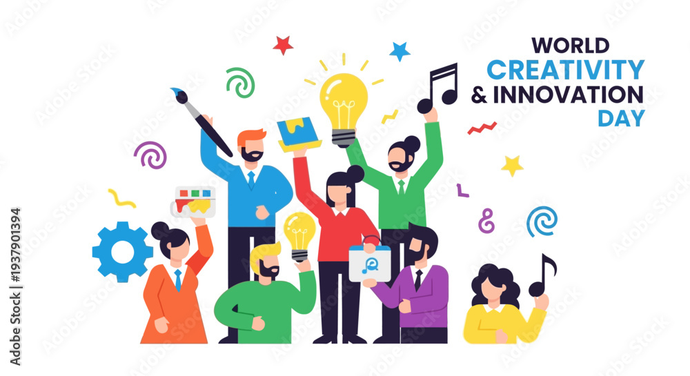 Fototapeta premium Diverse group celebrating World Creativity and Innovation Day with colorful illustrations and symbols