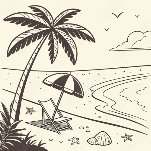 A serene beach scene with palm trees and a clear blue sky. Vector