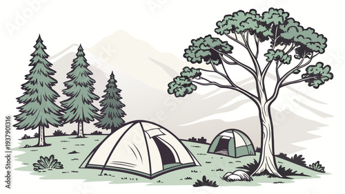 A serene campsite nestled in a lush forest with a majestic tree and towering mountains Vector