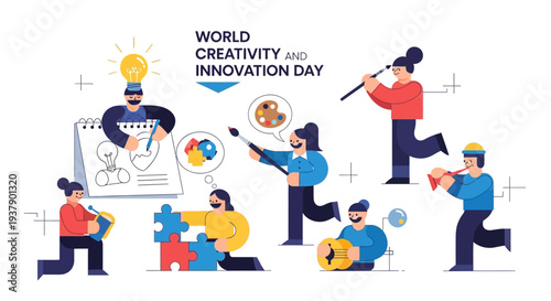 People celebrating World Creativity and Innovation Day with art and imagination in a vibrant illustration