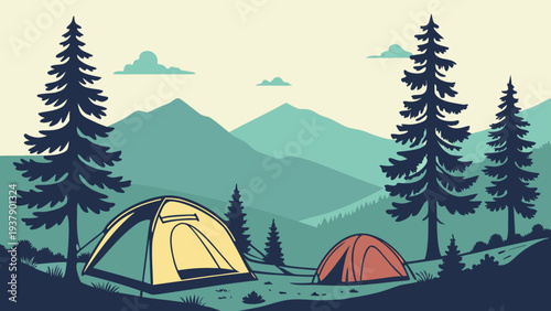 A serene campsite nestled in a lush forest with majestic mountains in the background Vector