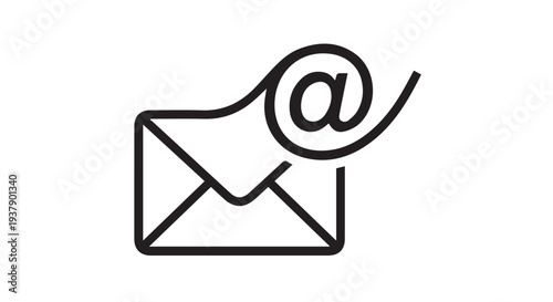 Black and white icon of an envelope with an @ symbol emerging from it, symbolizing email or online communication.
