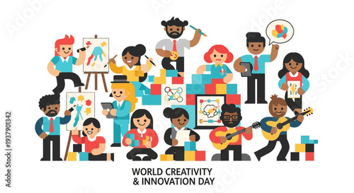 Diverse Group of People Engaging in Creative Activities on World Creativity and Innovation Day Celebration Illustration