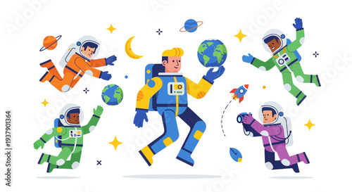 Astronauts floating in space, playing with the Earth, surrounded by stars and celestial bodies, in a joyful, dynamic illustration