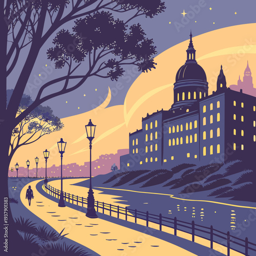 A serene nighttime scene of a city with a grand building and a river Vector