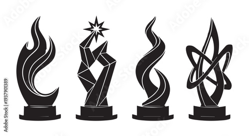 Four abstract trophies in a row on black bases, isolated on Transparent Background, symbolizing awards and recognition.