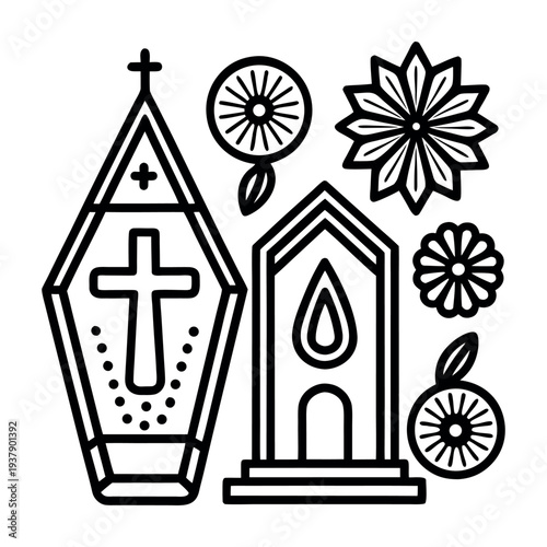 Stylized Funeral & Remembrance Vector Icons: Coffin, Candle, Flowers on white background