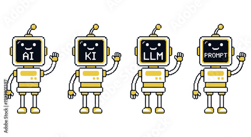 Four cartoon robots standing in a row with AI, KI, LLM, and Prompt on their screens.