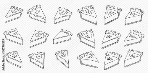 Collection of hand-drawn pie slices in black and white, perfect for dessert illustrations and bakery designs.