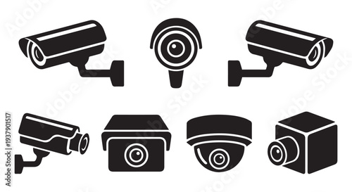 Collection of 7 black security cameras on Transparent Background, surveillance technology, safety and monitoring concept.