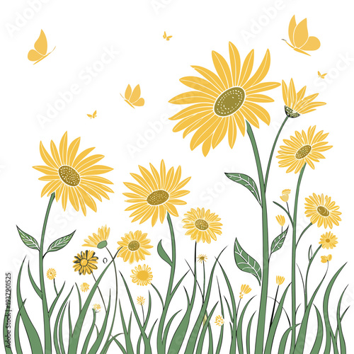 A vibrant field of yellow flowers with butterflies fluttering around in the sunlight Vector