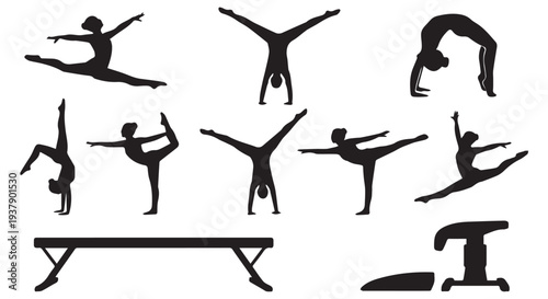 Silhouettes of gymnasts performing various dynamic poses and exercises on different apparatuses.