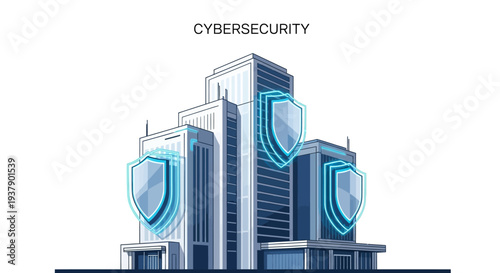 Illustration of a modern cityscape with shield icons representing cybersecurity and data protection against a clean white background with a focus on information security and network safety.