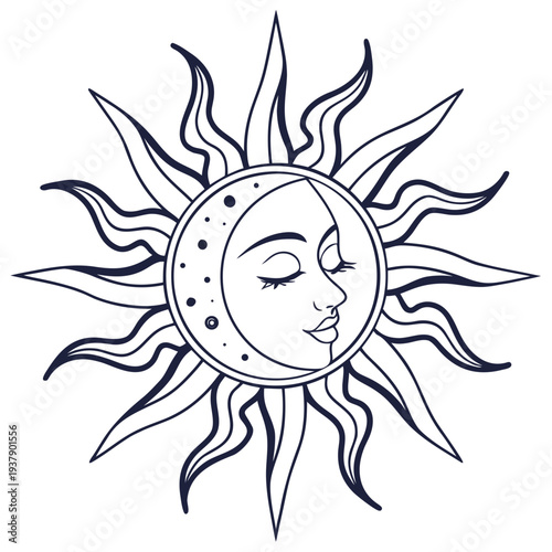 A radiant sun with a smiling face and wavy lines emanating from its center. Vector