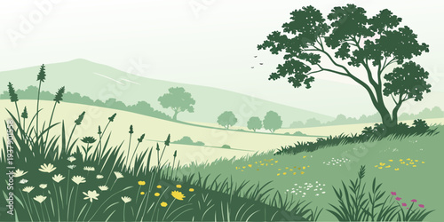 A serene landscape painting of a meadow with wildflowers and a tree. Vector