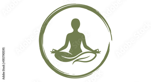 A minimalist green silhouette of a person meditating in lotus position within a circular brush stroke