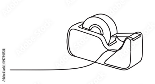 Simple black line drawing of a tape dispenser on a Transparent Background, minimalist office supply illustration.