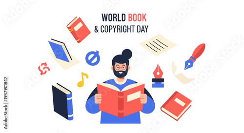 Man reading a book surrounded by various books and literary symbols on World Book and Copyright Day