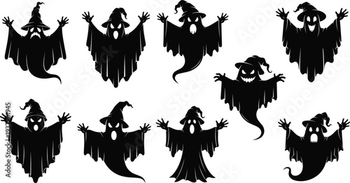 Set of Black Silhouette Vector Illustrations Featuring Nine Spooky Ghosts for Halloween Horror Party Decoration Mystery and Dark Fantasy Designs