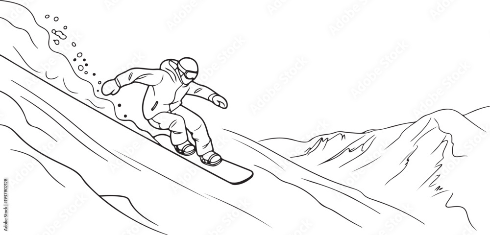 Obraz premium Vector illustration. An experienced snowboarder descends from the mountain. Line drawing. Editable stroke