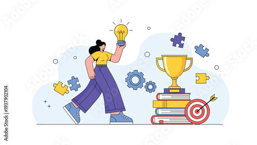 Successful woman holding a glowing light bulb walks past a trophy on a stack of books, representing academic achievement and innovative thinking.