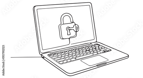 Laptop with lock icon on screen, symbolizing online security and data protection, in a simple line art illustration.