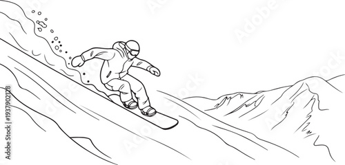 Vector illustration. An experienced snowboarder descends from the mountain. Line drawing. Editable stroke
