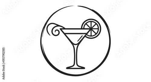 Simple black and white martini glass icon in circular frame, symbolizing luxury and sophistication in nightlife and cocktail culture.