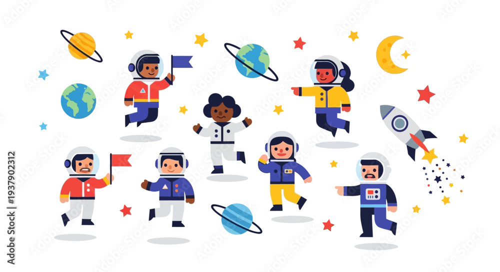 Fototapeta premium Children in Space Suits Floating Among Planets and Stars in a Vibrant Illustration