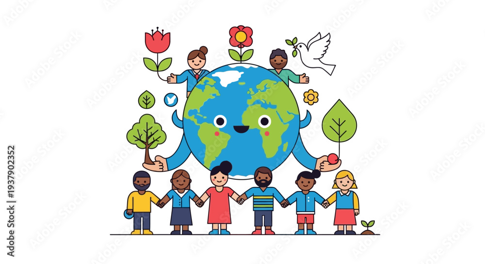 Fototapeta premium Diverse children holding hands around a smiling Earth surrounded by nature elements in a whimsical illustration