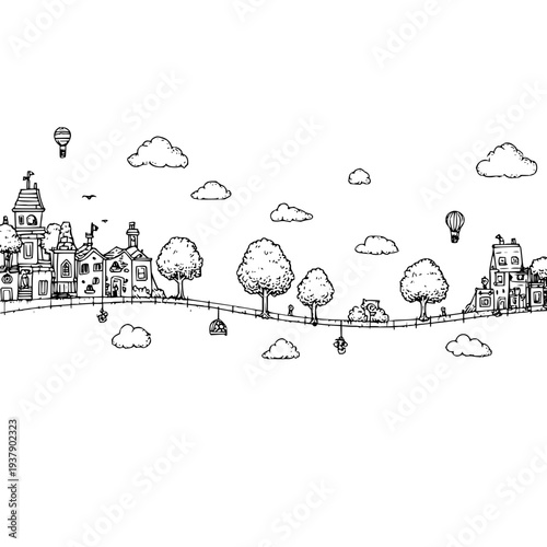 Cityscape with hot air balloons vector illustration city town village balloon