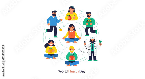 Diverse people practicing yoga and meditation together in a serene environment on World Health Day