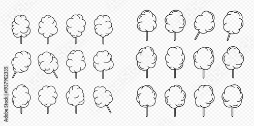 Set of outline cotton candy illustrations on sticks, sweet sugar clouds, carnival dessert, fairground food, fluffy snack, delicious treat, isolated on transparent background.
