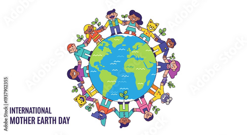 Diverse global community celebrating International Mother Earth Day with vibrant illustrations and colorful graphics
