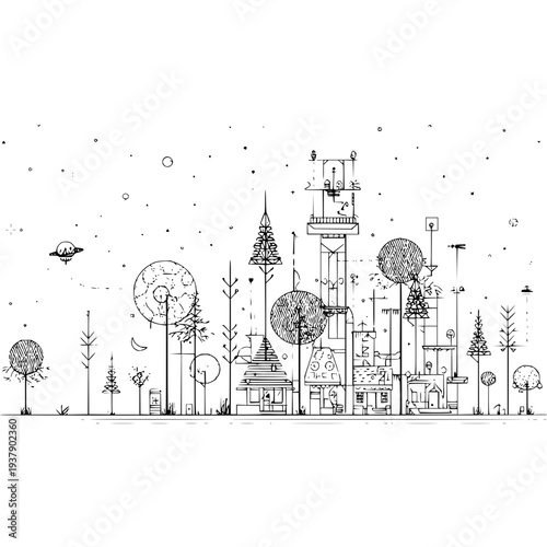 Fantasy cityscape with UFO and trees black white illustration line art doodle