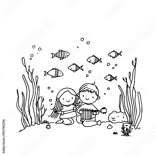 Children underwater with fish seaweed ocean kids cartoon illustration black and white
