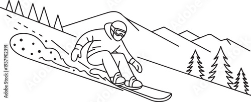 Vector illustration. An experienced snowboarder descends from the mountain. Line drawing. Editable stroke